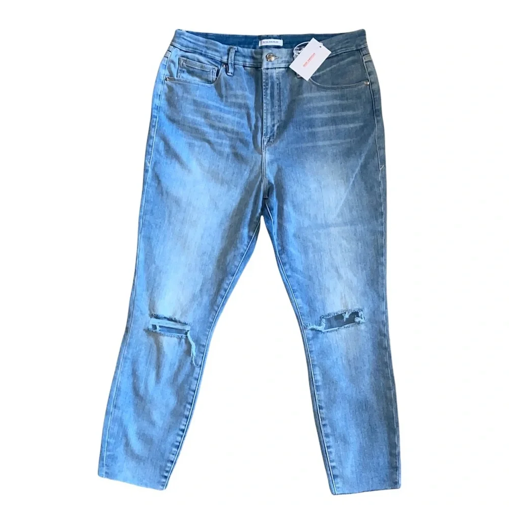 NEW Good American Good Waist Crop Fray Hem Distressed Knees Blue Wash Jeans NWT - Picture 7 of 9